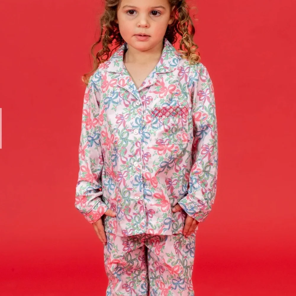 Dondolo Baby Girl Smocked Pajama Set 12M Pink Bow Print NWT Holiday Christmas